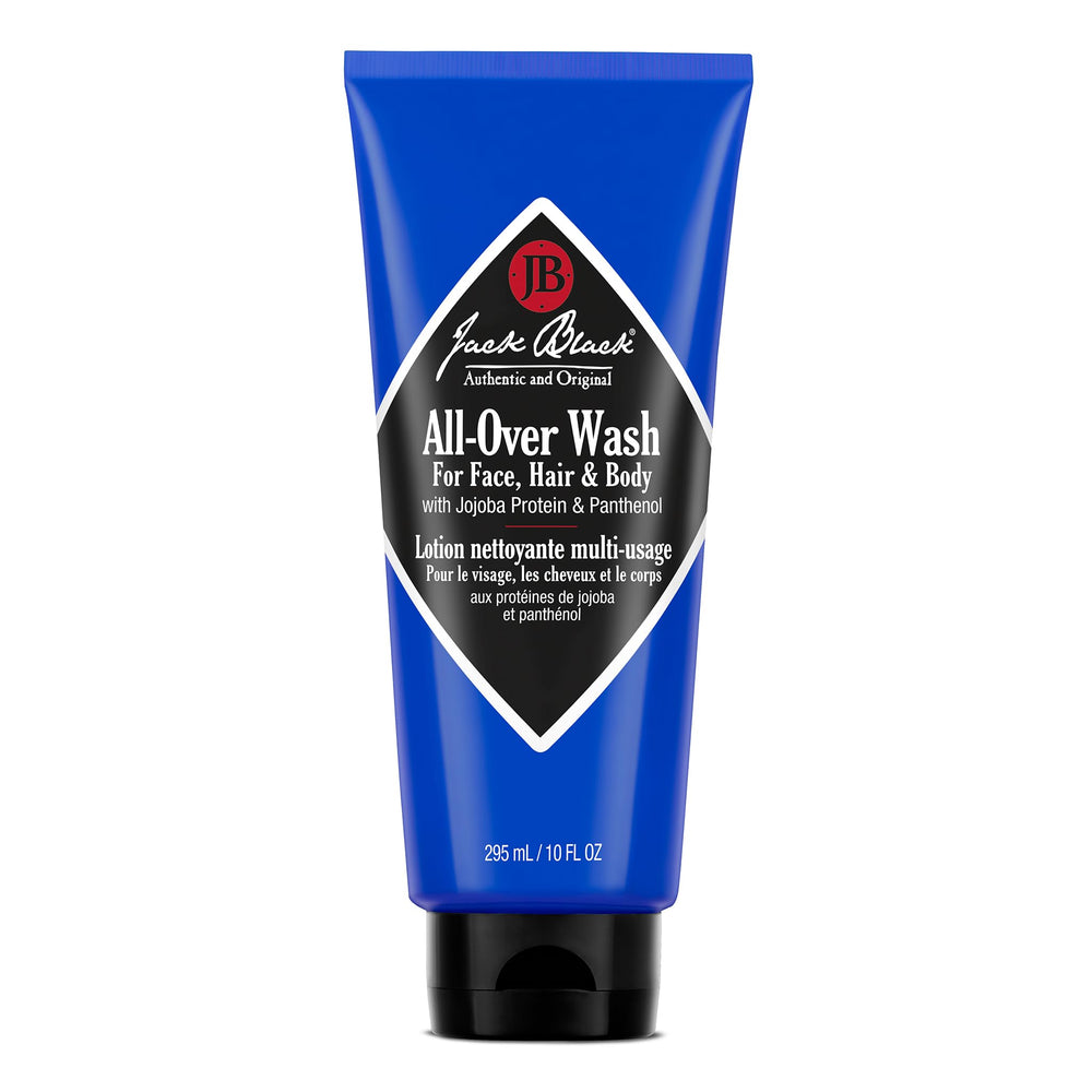 Jack Black Nettoyant Tout-en-Un en bouteille avec mousse généreuse pour visage, corps et cheveux.