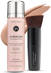 Jerome Alexander MagicMinerals AirBrush Foundation bottle releasing a fine mist for smooth coverage.