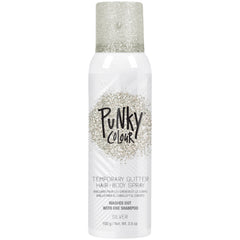 Punky de Jerome Russell spray paillettes argent pour cheveux et corps, éclat festif.