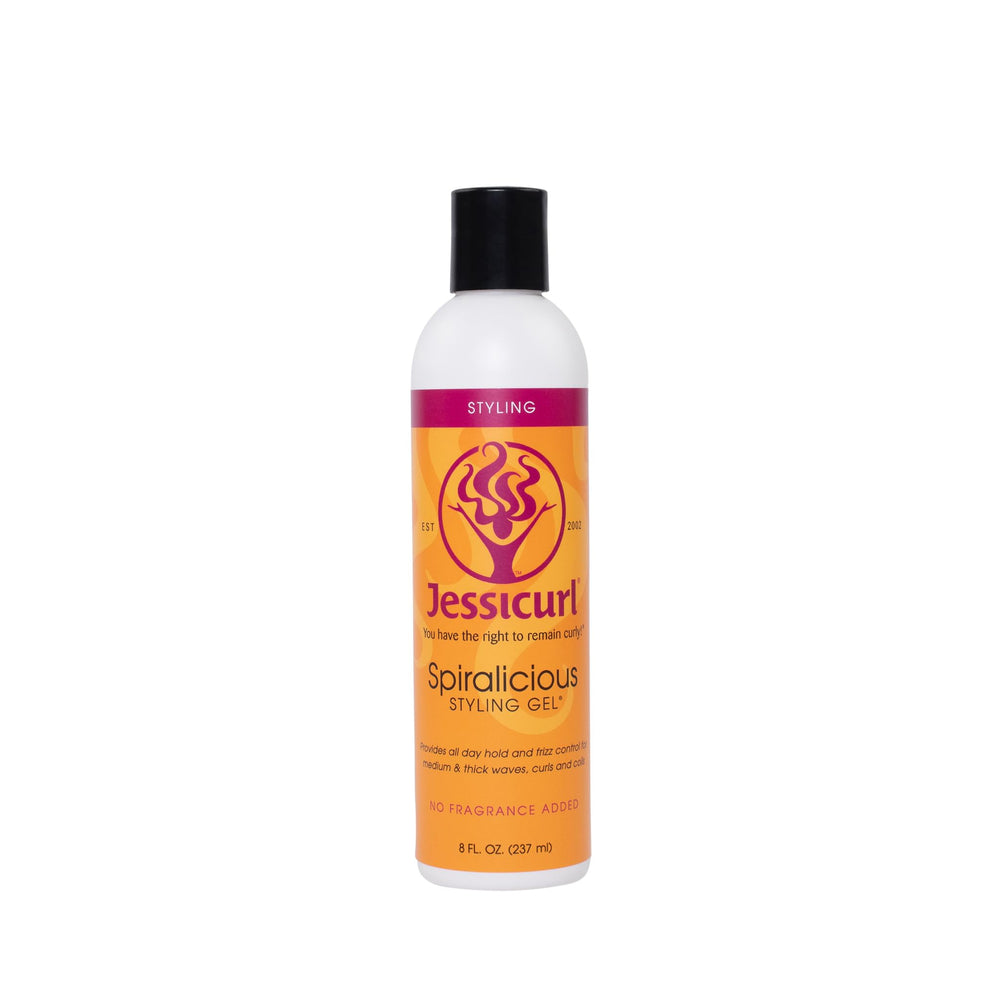 Gel Jessicurl Spiralicious – bouteille montrant une tenue pour boucles définies