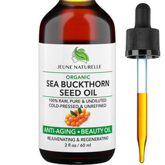 Huile d'argousier Jeune Naturelle – bouteille pure, soin peau lumineux et nourrissant.