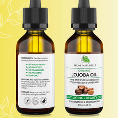 Jeune Naturelle huile jojoba, application visage, éclat naturel et peau revitalisée.