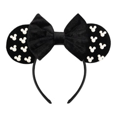 Bandeau velours noir JIAHANG avec oreilles souris et perles, idéal pour photos festives.