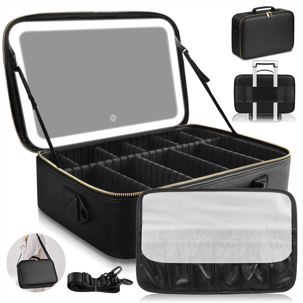 JJhxr sac maquillage 15x11 avec miroir à DEL pour rangement pratique en déplacement.