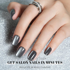 Ongles à coller Jofay Fashion, finition gel brillant et gris chic.