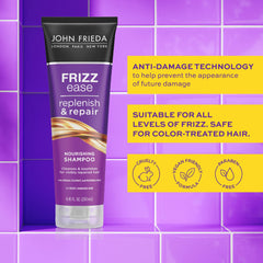 Flacon John Frieda Frizz Ease Replenish & Repair en gros plan, hydratation visible.