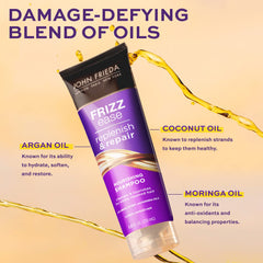 Étiquette John Frieda Frizz Ease Replenish & Repair, mettant en avant les ingrédients réparateurs.