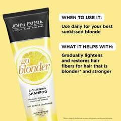 John Frieda Shampoing Blond Clair — étiquette visible, soin sans ammoniaque.