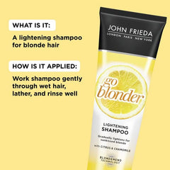 Shampoing John Frieda Blond Clair — application moussante pour cheveux hydratés.