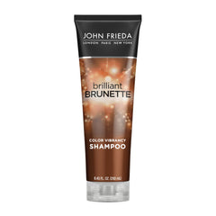 Shampoing John Frieda brun brillant multi-tones sur bouteille, couleur longue durée et brillance.