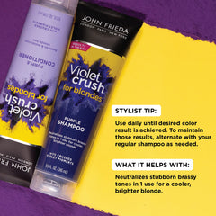 John Frieda Violet Crush conditioner pump bottle delivering intense toning for bright blondes.