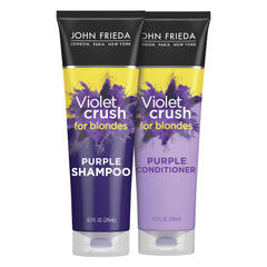 John Frieda Violet Crush shampoo bottle pouring with pigment action for cooler blonde tones.