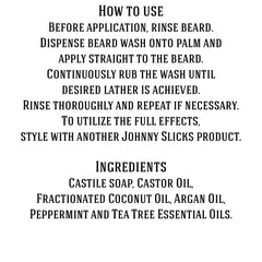 Johnny Slicks bouteille lavage barbe, parfum frais et énergie après rinçage.