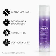 Shampoing violet Joico Color Balance appliqué pour neutraliser les reflets jaunes.