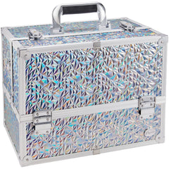 Valise Joligrace maquillage holographique argent, rangement sûr et élégant pour studio.