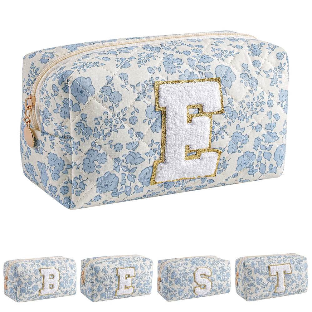 Trousse maquillage Alphabet bleu fleuri de JOVAKIT, rangement pratique pour maquillage quotidien.