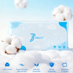 Utilisation sèche et humide avec JOWLOT, coton absorbant et résistant.