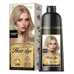 Joyful Young Champagne Blonde Shampoo – la bouteille montre la teinte champagne blonde pour fondre les gris.