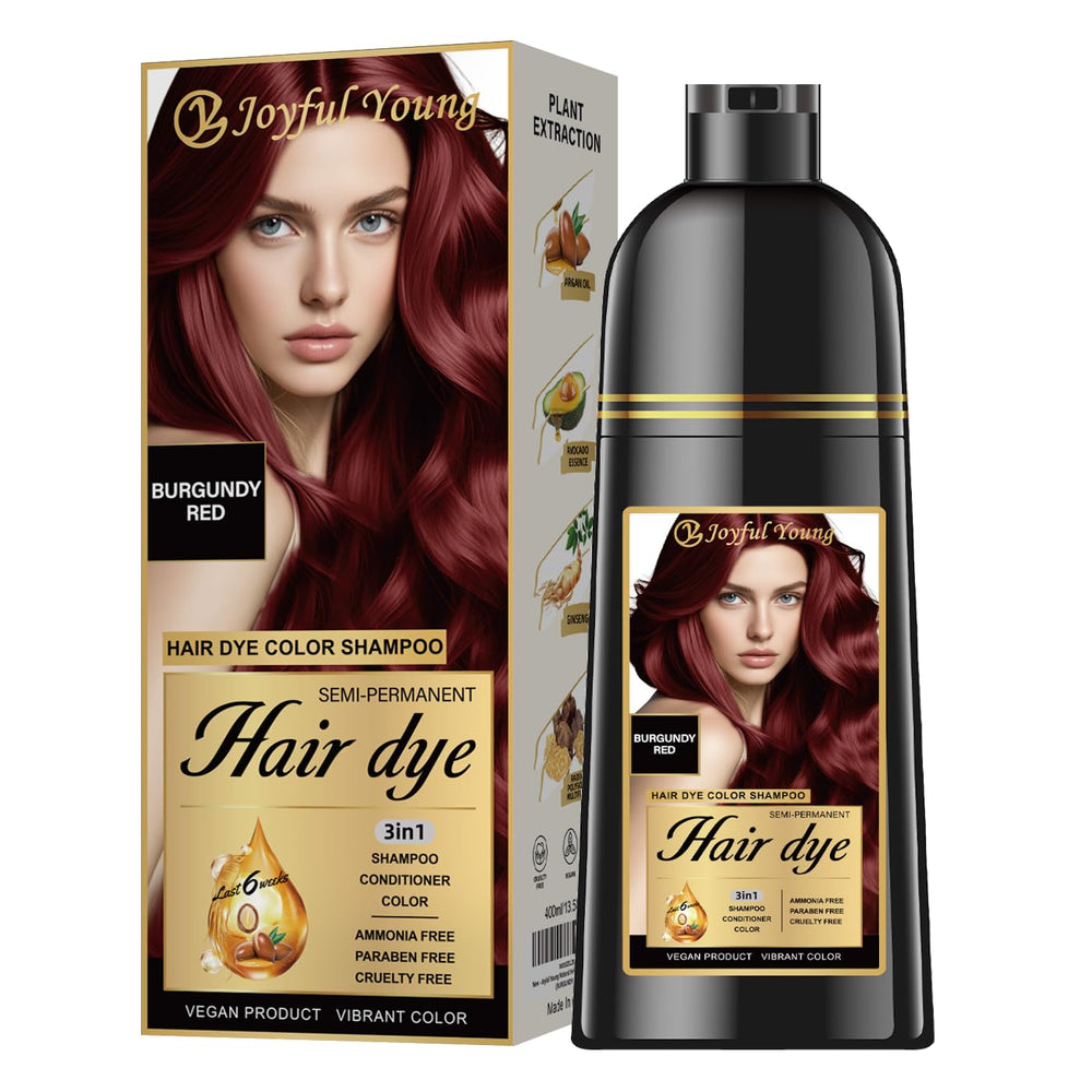 Joyful Young shampooing-colorant cheveux burgogne bouteille dépose couleur riche et naturelle.