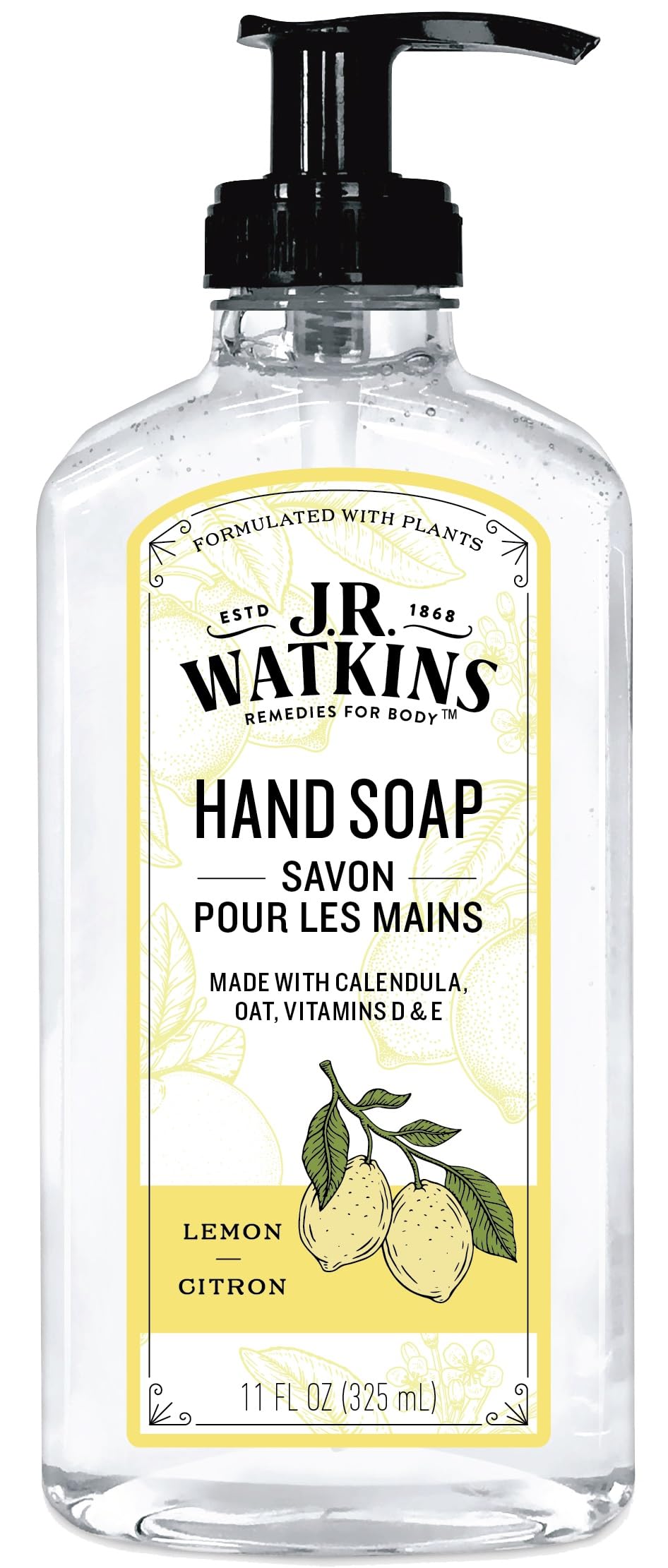 Savon pour les mains J.R. Watkins au citron dans une bouteille claire, usage quotidien.