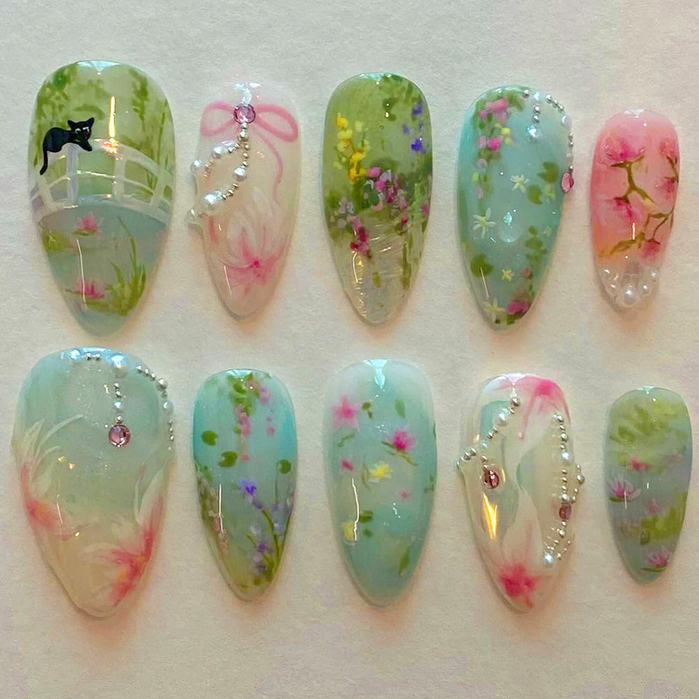 ongles press-on Jremg amande bleu-vert avec perles, manucure rapide