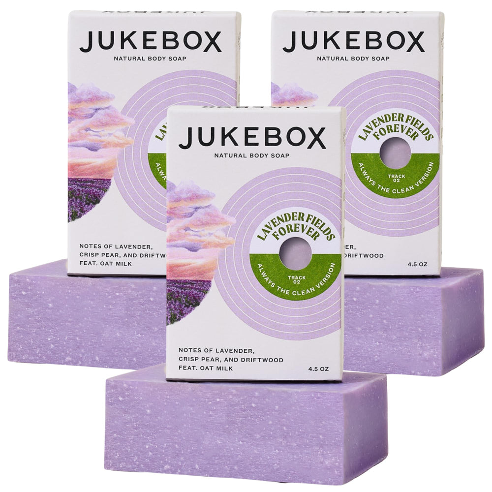 JUKEBOX Lavender Fields Forever soap 3-pack with calming lavender notes for daily cleansing.