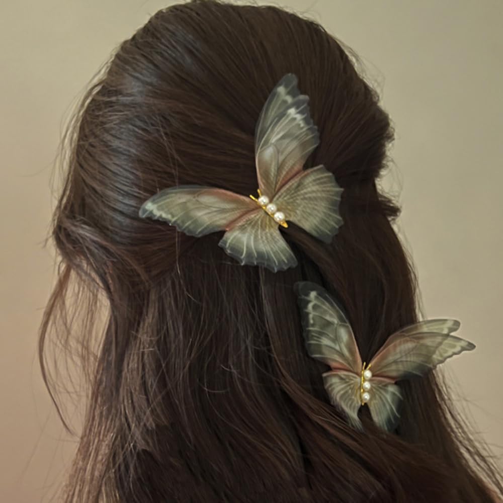 Jumwrit barette papillon vert avec perles et ailes 3D, parfait pour les occasions.