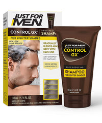 Just for Men Control GX grey reducing shampoo bottle on sink for subtle color change.