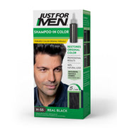 Just For Men Shampoo-In Color Real Black sur bouteille, couleur naturelle ciblant les gris.