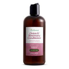 Just Nutritive Conditionneur Oignon et Romarin – flacon visible, cheveux visiblement volumineux.
