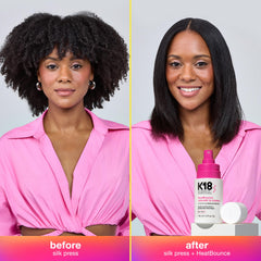 K18 HeatBounce: cheveux lisses et soyeux après brushing, extensions incluses.