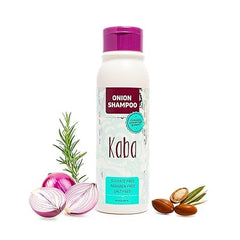 Le Shampoing Kaba à l'oignon rouge – bouteille visible, soutien potentiel à la croissance capillaire.