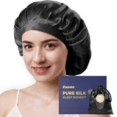 Kaome bonnet en soie mûrier noir, protège les cheveux pendant le sommeil et réduit les frisottis.