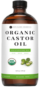 Kate Blanc Castor Oil glass bottle for pure hexane-free skincare and hair nourishment.