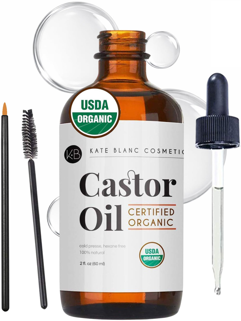 Huile de castor bio Kate Blanc Cosmetics pour cheveux hydratés.