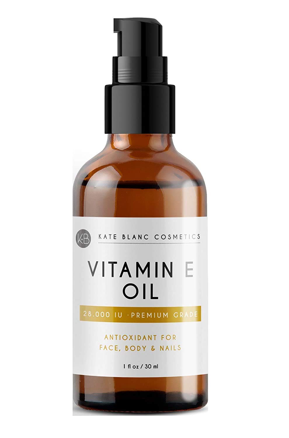 Kate Blanc Cosmetics huile vitamine E, bouteille, hydratation durable pour la peau.