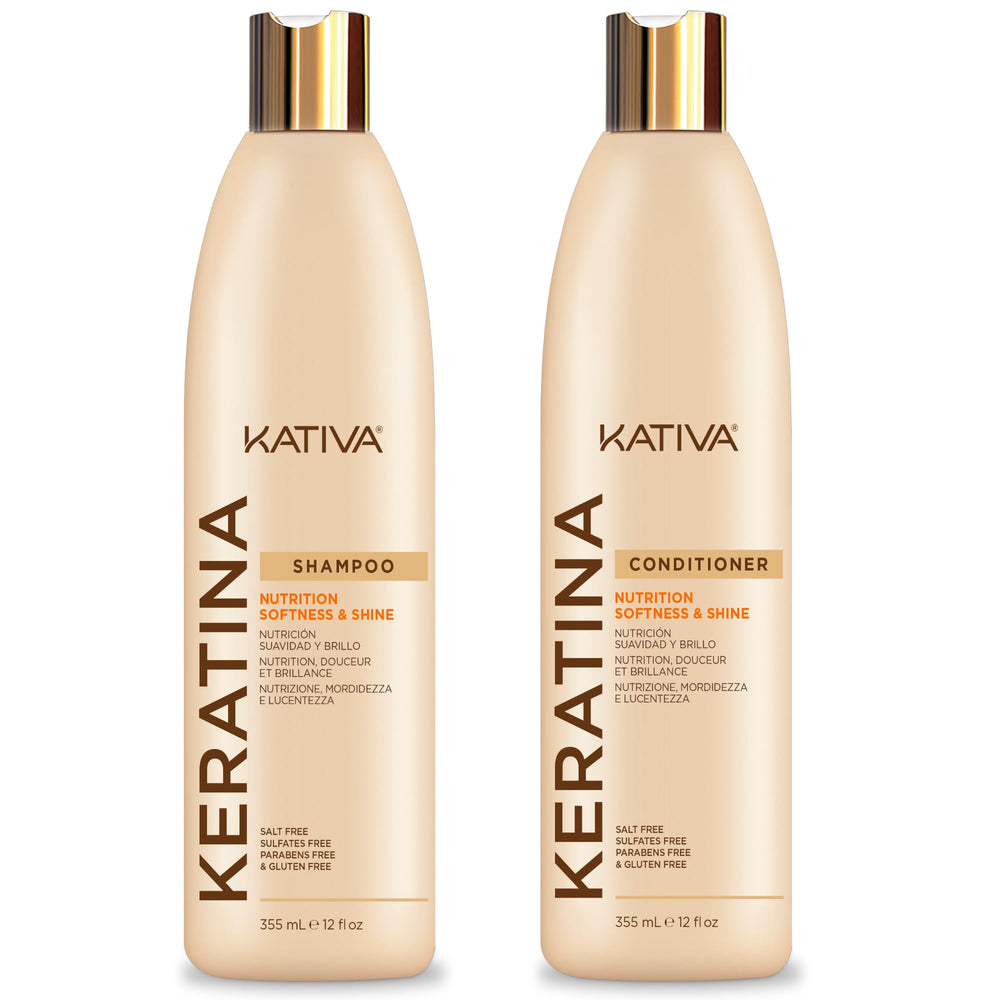 Pack KATIVA Keratine: shampoing et après-shampoing nourrissants pour cheveux brillants.