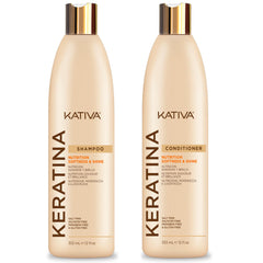 Pack KATIVA Keratine: shampoing et après-shampoing nourrissants pour cheveux brillants.
