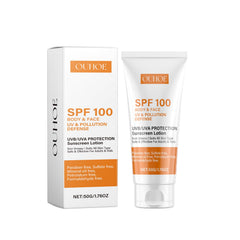 KAXIMIGEFU SPF100 pour visage et corps, protection UV élevée et légère.