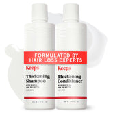 Keeps Shampoing épaississant – bouteille affichée, cheveux visiblement plus épais après l'utilisation