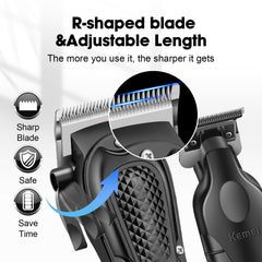 Coffret KEMEI avec 6 guide-combes pour des longueurs variées dans la tondeuse.
