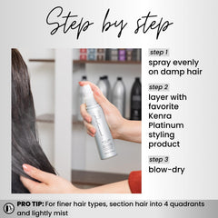 Kenra Platinum Blow-Dry Mist sur cheveux fins, démêlage fluide et brillance légère.
