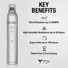 Kenra Volume Spray – maintien longue durée face au vent.