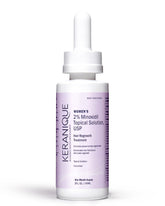 Keranique: bouteille avec pipette Minoxidil 2% prête pour l'application ciblée sur le cuir chevelu, favorisant une repousse potentielle.