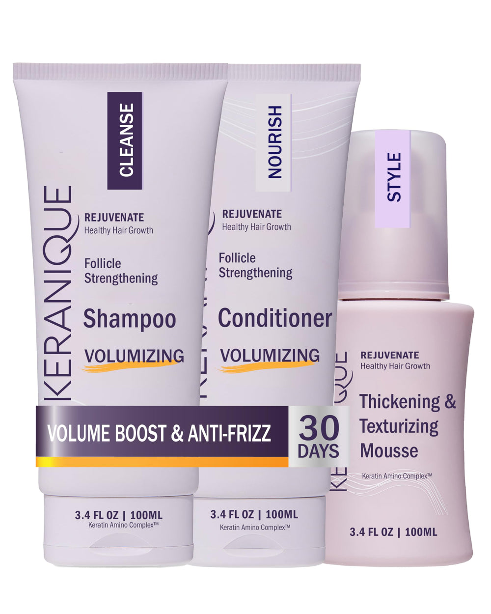 Keranique Shampoing Volume-Épaississant en flacon, apporte du corps aux cheveux fins.