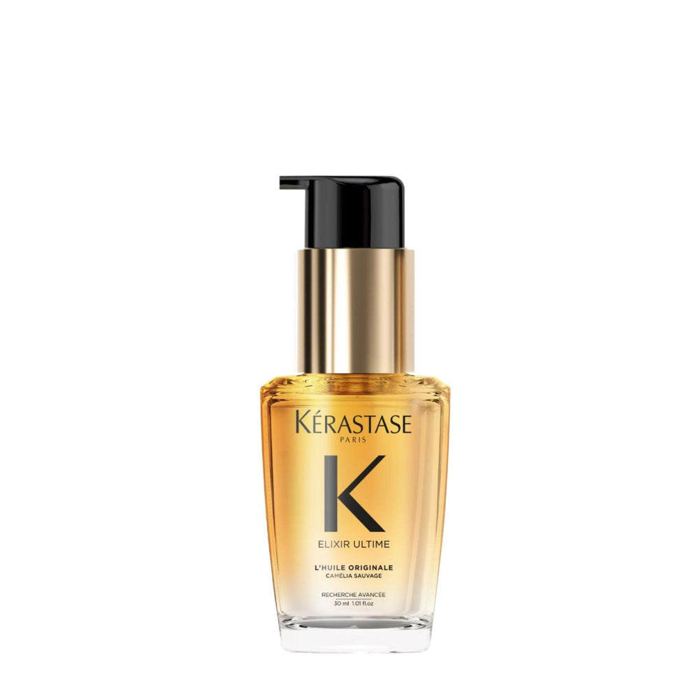 Kerastase Elixir Ultime huile, bouteille élégante prête au voyage et brillance.