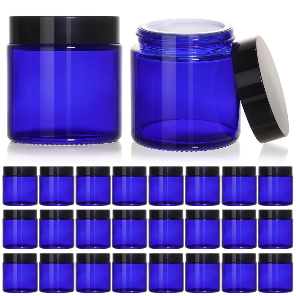 KeyWING pot-verre-bleu-4oz-couvercle-noir, idéal pour crèmes et lotions en voyage.