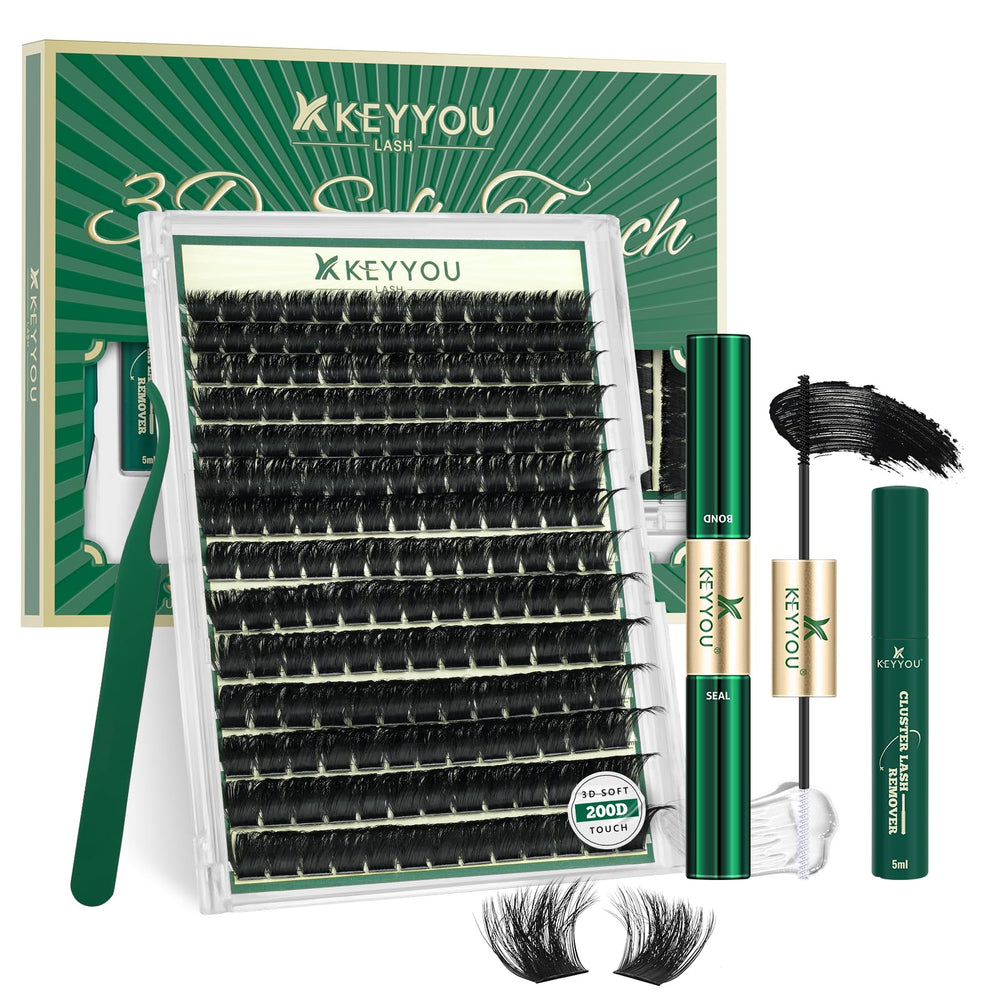 KEYYOU LASH ensemble de grappes cils 3D 200D pour un volume personnalisable.