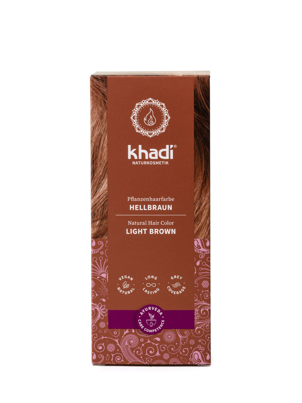 Khadi brun clair – flacon colorant capillaire pour teinte naturelle et chaleureuse.