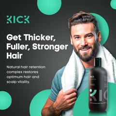 Kick Shampoing pour homme, mousse légère, lavage de cheveux en douceur.